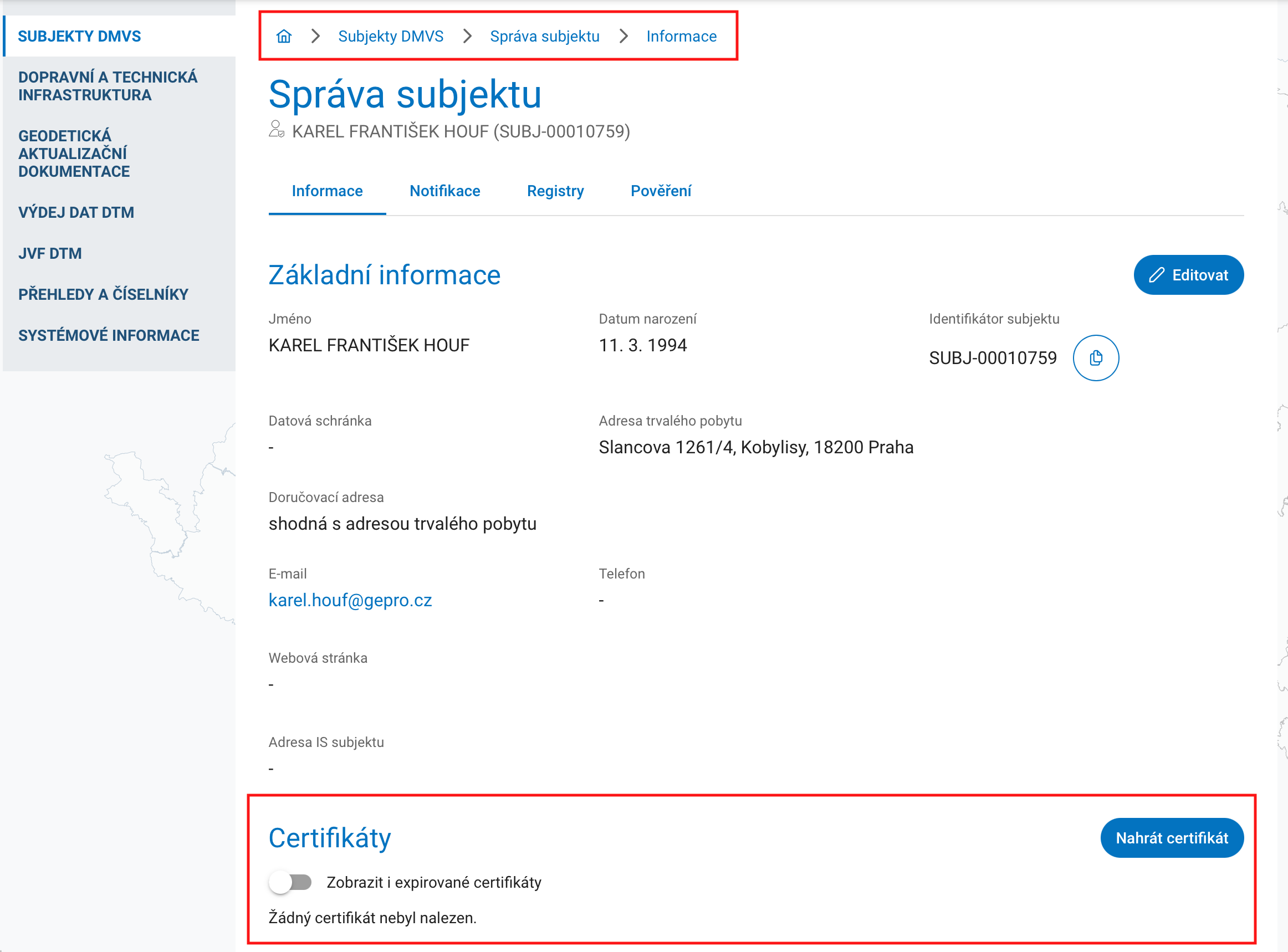 Nahrání certifikátu na portál DMVS