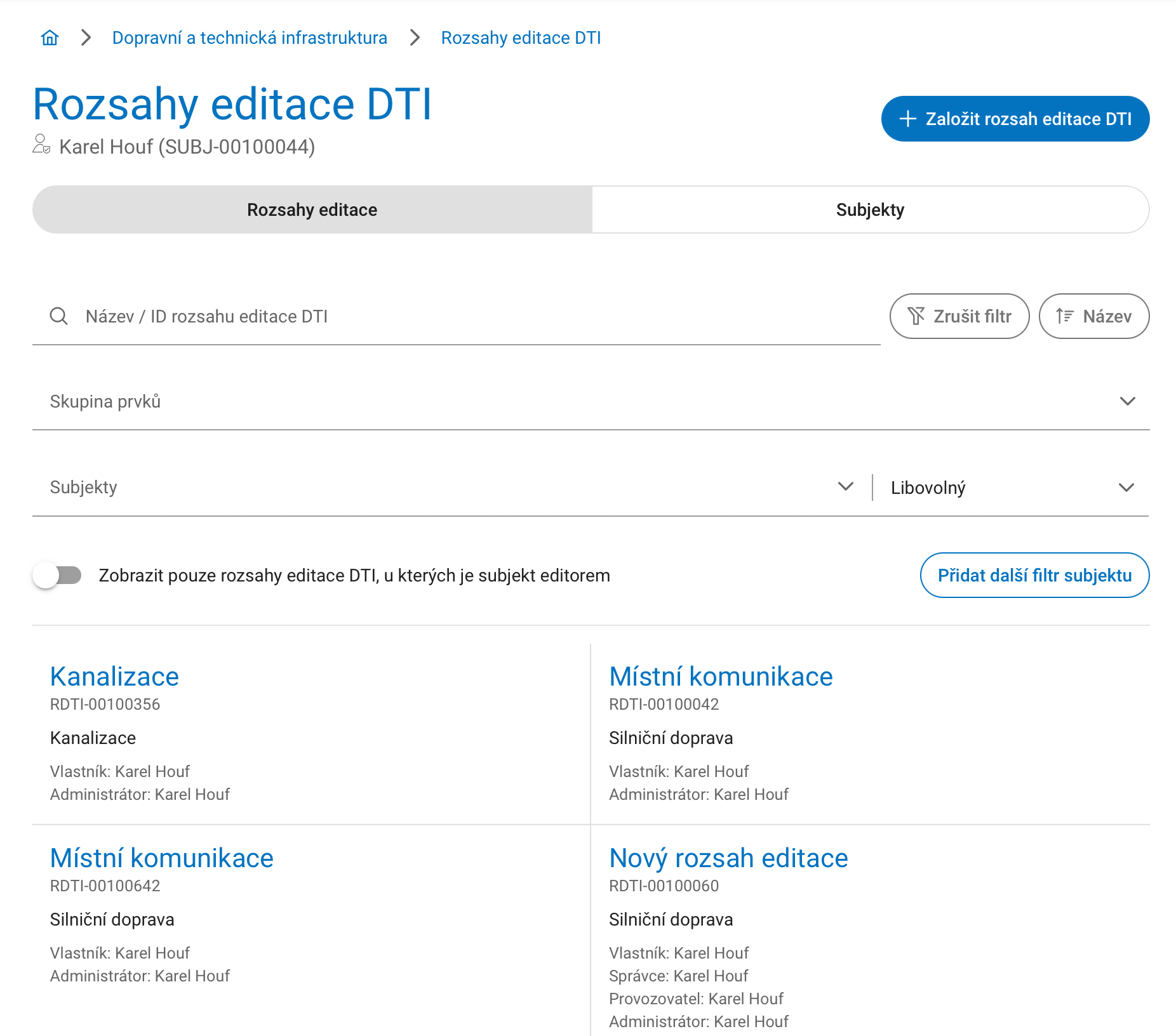Založení rozsahu editace DTI na portálu DMVS