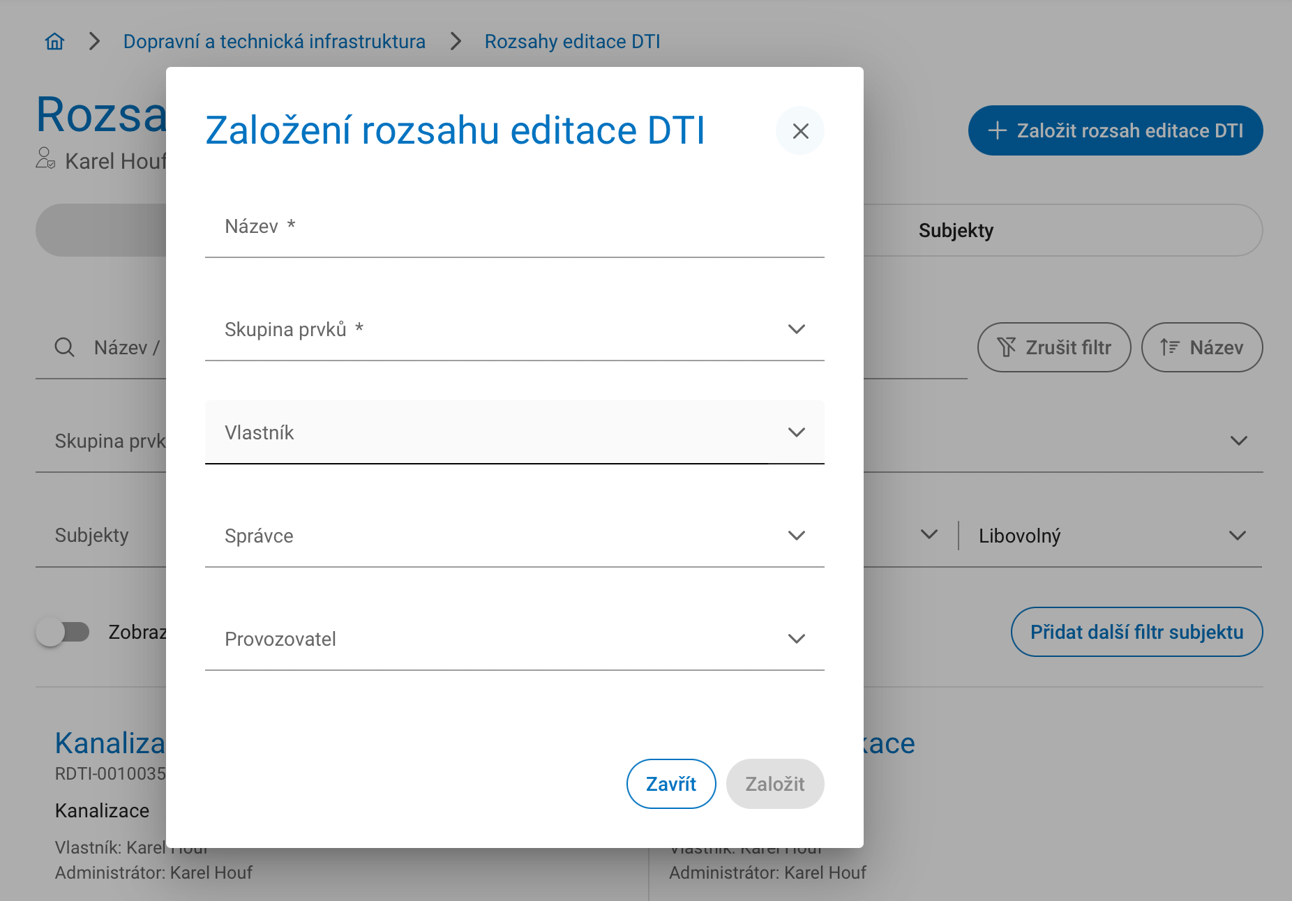 Založení rozsahu editace DTI na portálu DMVS