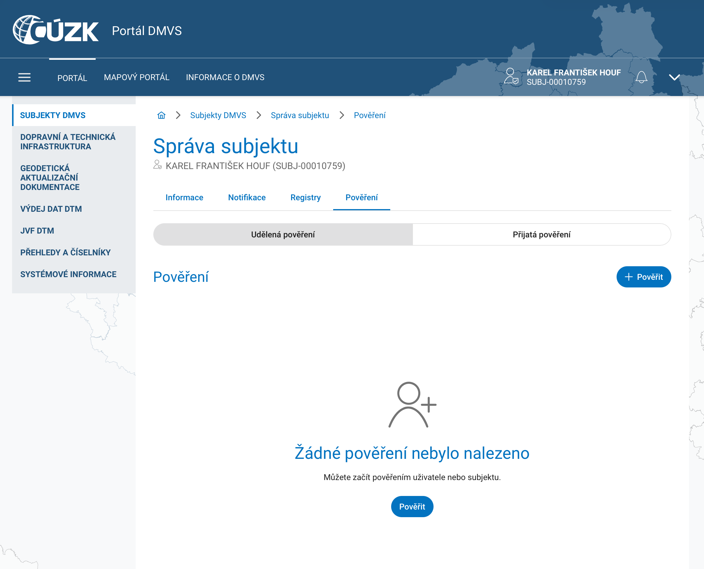 Přiřazení zakladatele na portálu DMVS