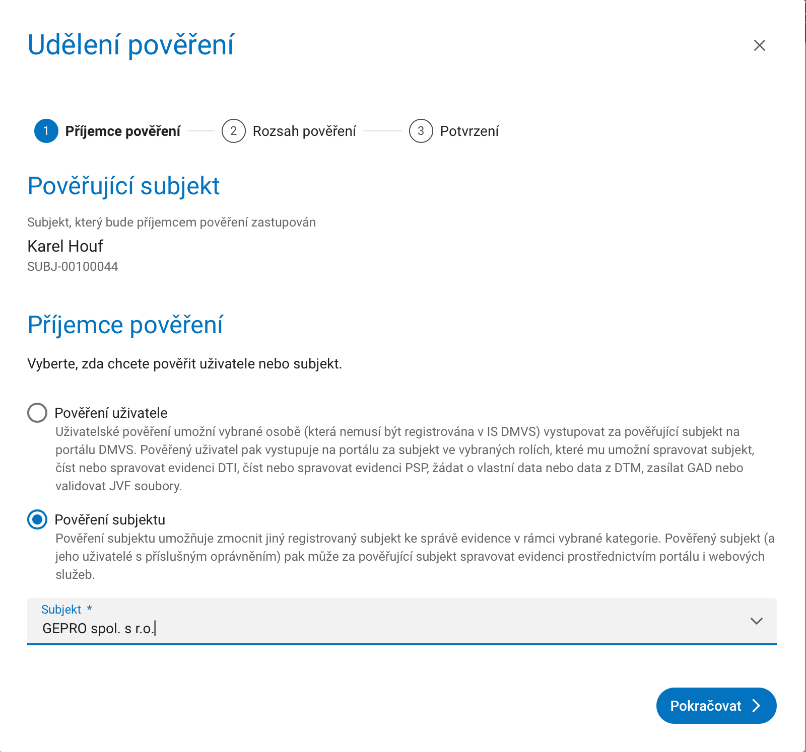 Přiřazení zakladatele na portálu DMVS