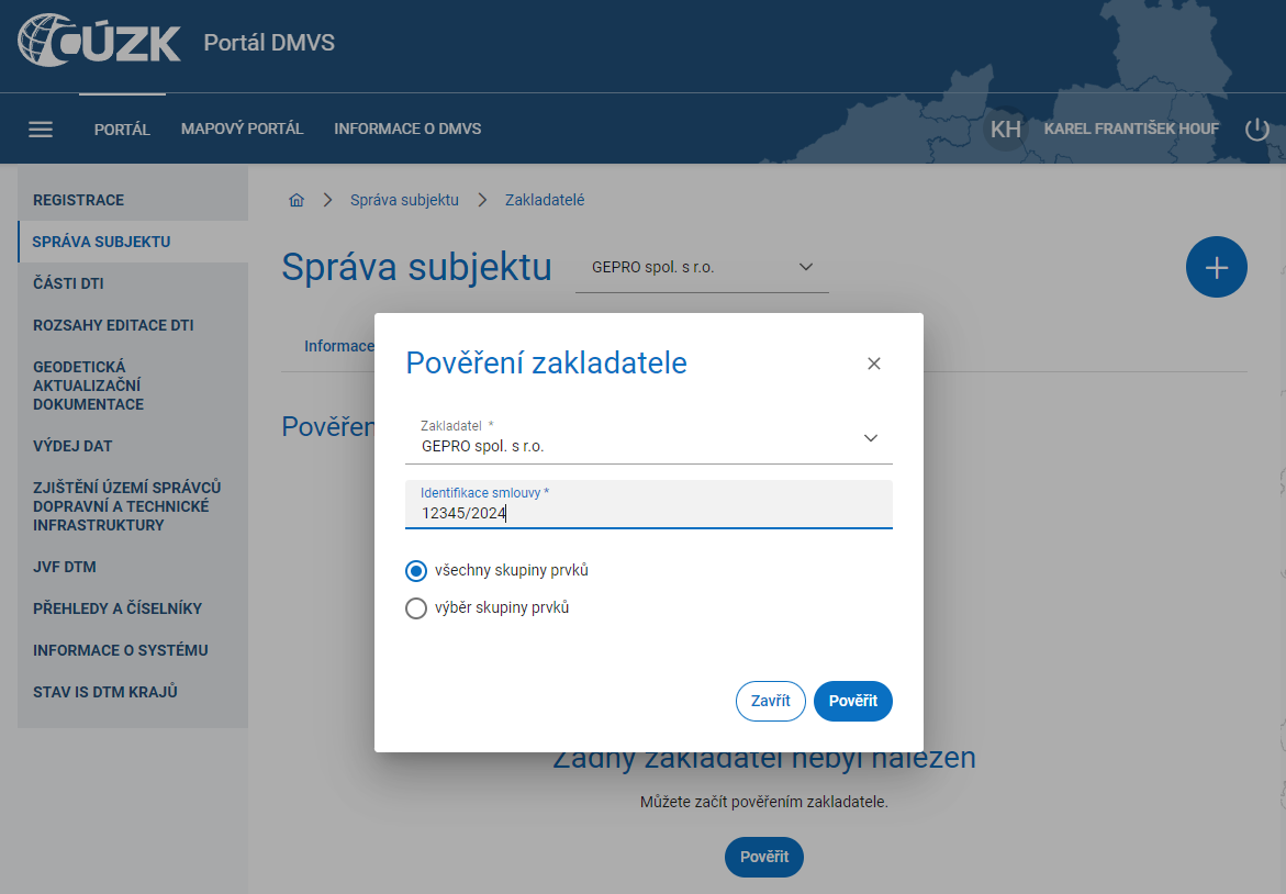 Přiřazení zakladatele na portálu DMVS