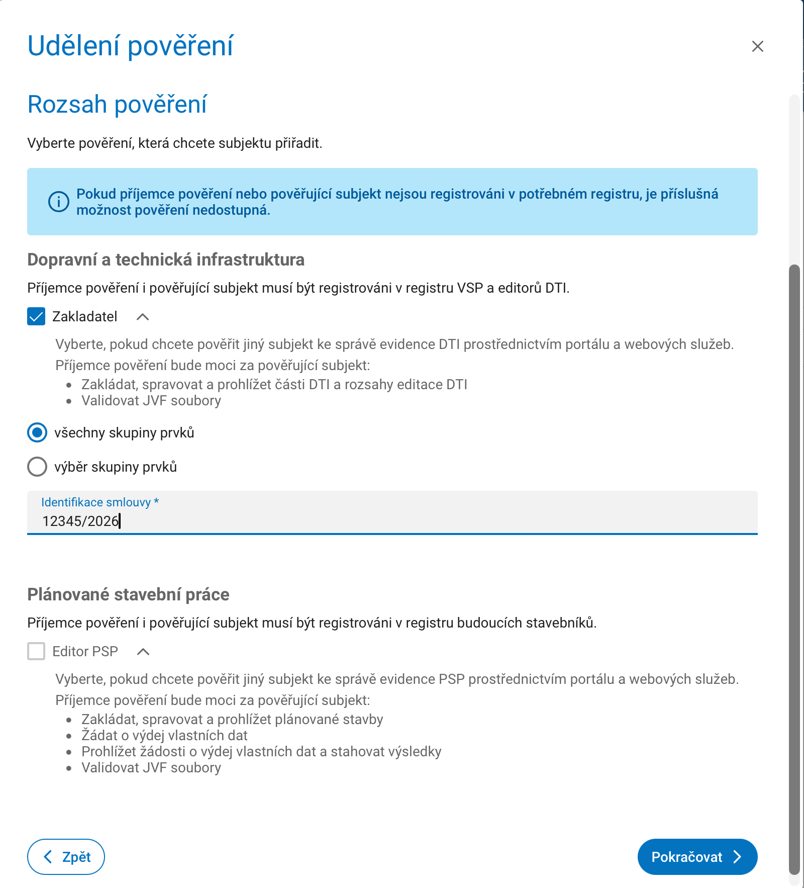 Přiřazení zakladatele na portálu DMVS