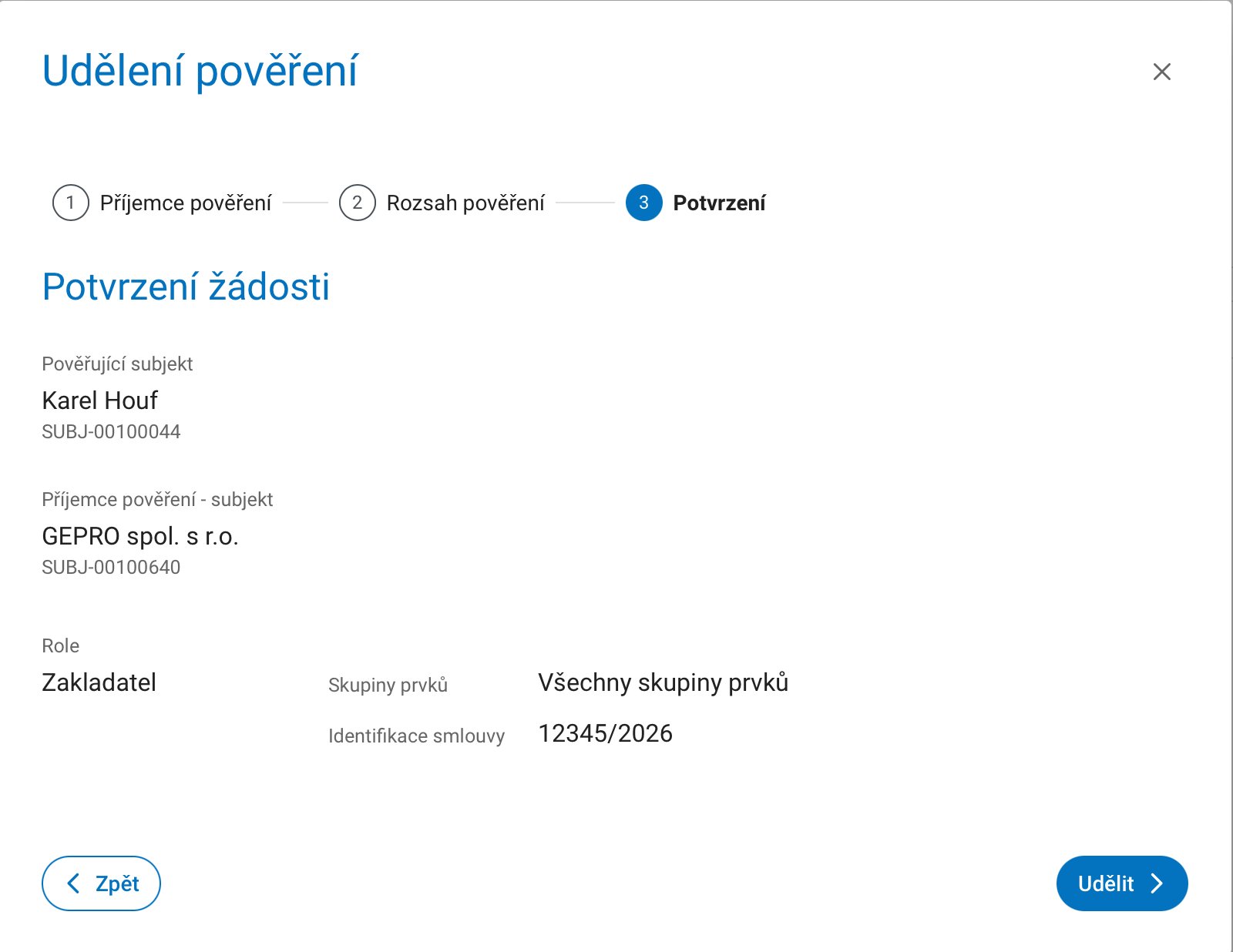 Přiřazení zakladatele na portálu DMVS