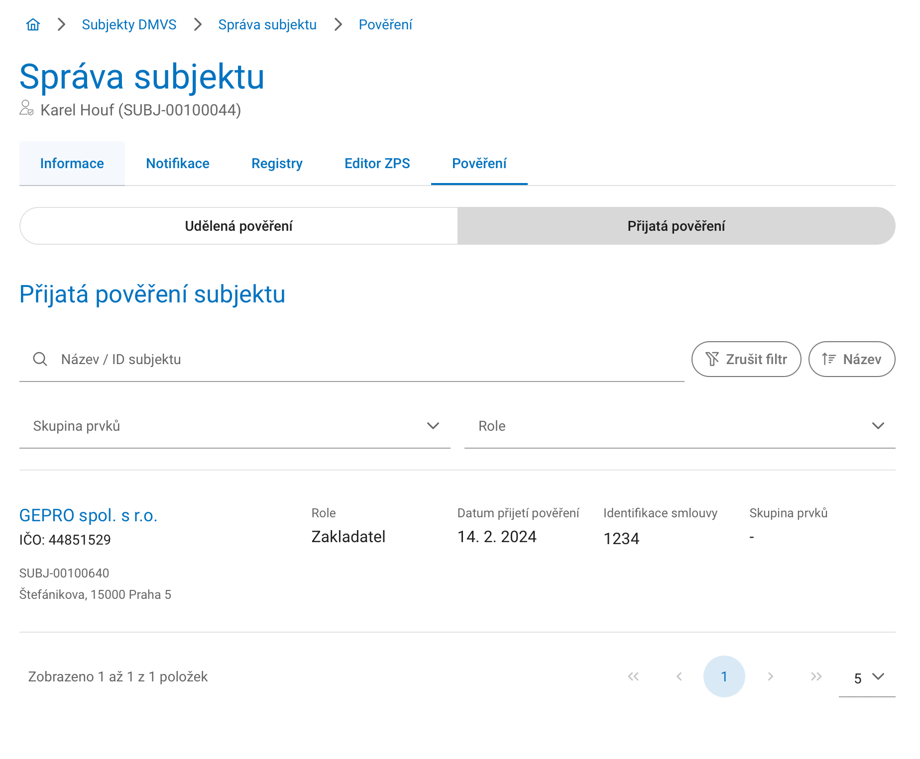 Přiřazení zakladatele na portálu DMVS
