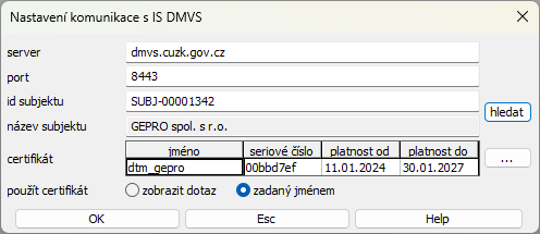 Nastavení komunikace s IS DMVS